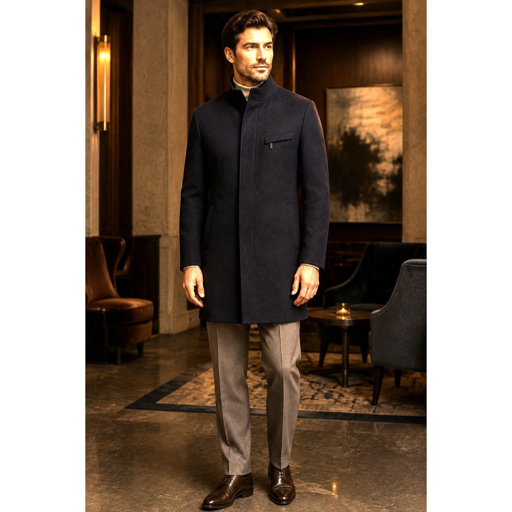 Ted Baker Men's Marvin Funnel Neck Black OverCoat Size 7 | US 3XL Wool Blend